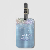 Zacht iriserend ijsblauw nepschitterwerk monogram bagagelabel (Voorkant (verticaal))