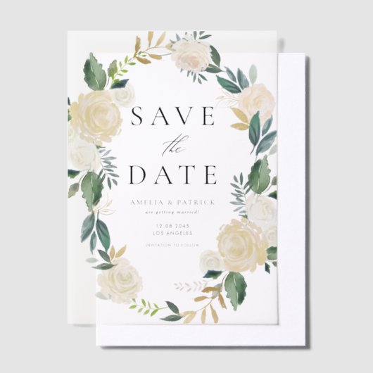 Zacht Ivoor Bloemen Krans Greenery Save the Date Vellum Uitnodigingen (Offset)
