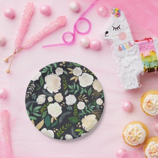 Zacht Ivoor Bloempatroon met Groen Zwart Papieren Bordje (Feest)