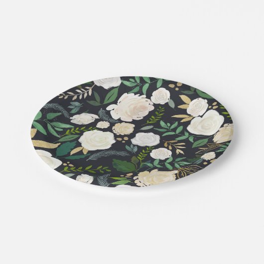 Zacht Ivoor Bloempatroon met Groen Zwart Papieren Bordje (Gekanteld)