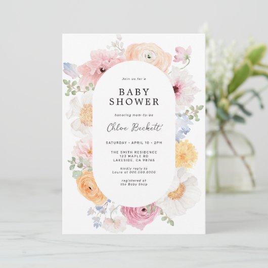 Zacht Kleurrijk Pastel Bloemen Lijst Baby shower Kaart (Staand voorkant)