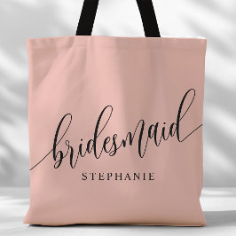 Zacht koraal roze bruidsmeisje modern script tote bag
