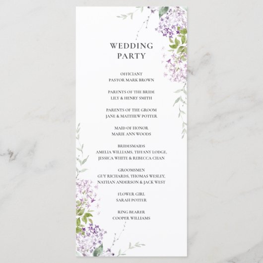 Zacht Lila Paarse Bloemen Groen Bruiloft Programma Programmakaart (Achterkant)