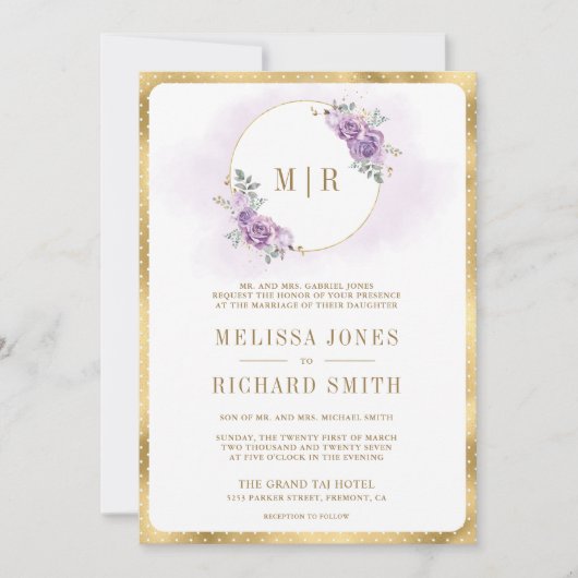 Zacht Lila Paarse Bloemengoud Alles in één bruilof Kaart (Voorkant)