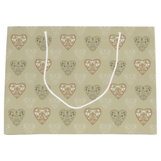 Zacht neutraal hart gepatterd groot cadeauzakje (Voorkant)