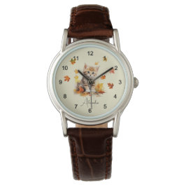 Zacht Oranje Lapjeskatje in Herfstbladeren Horloge