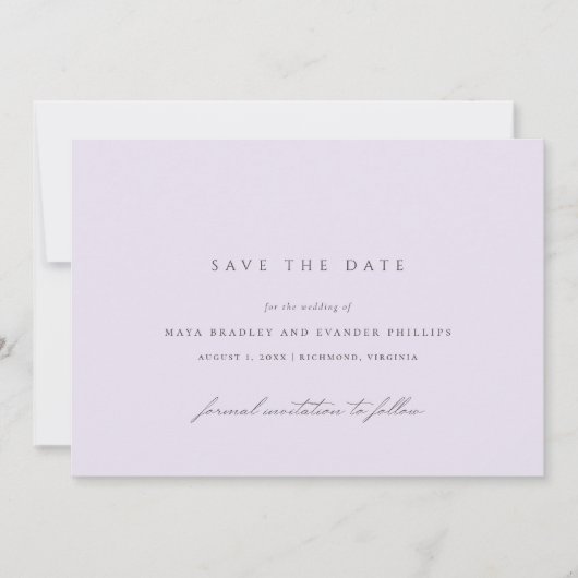 Zacht Paars | Formele Luchtige Lavendel Bruiloft Save The Date (Voorkant)