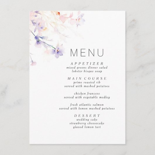 Zacht Paarse en Blush Elegant Minimalistisch Menu (Voorkant)