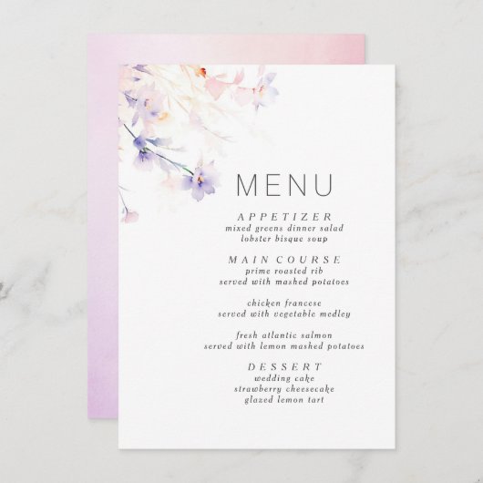 Zacht Paarse en Blush Elegant Minimalistisch Menu (Voorkant / Achterkant)