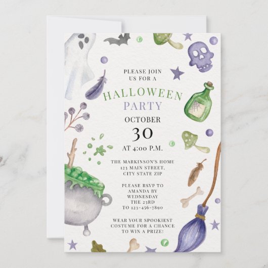 Zacht Paarse en Groene Waterverf Halloweenfeestje Kaart (Voorkant)