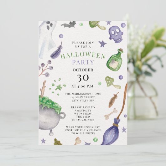 Zacht Paarse en Groene Waterverf Halloweenfeestje Kaart (Staand voorkant)