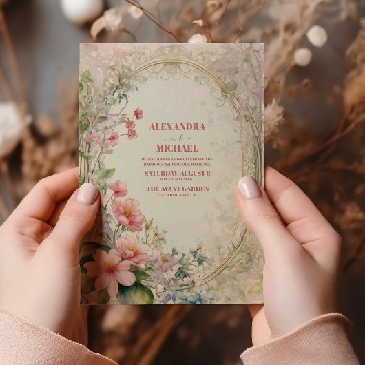  zacht pastel bloemenkunst nouveau bruiloft kaart