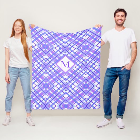 Zacht Pastel Paarse Blauw Plaid Ontwerp Monogram Fleece Deken (In situ)
