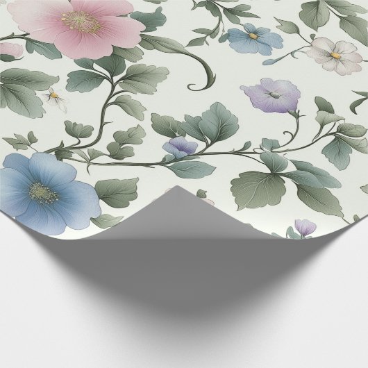 Zacht pastelgeel en blauw botanische wijnstok ontw cadeaupapier (Hoek)