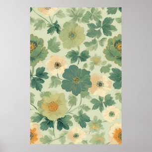Zacht pastelgeel en groen bloemenpatroon poster
