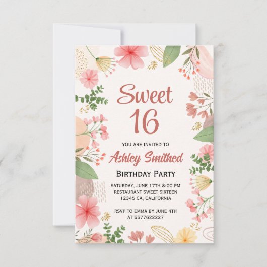 Zacht pastelgoud florale waterverf foto Sweet 16 Kaart (Voorkant)