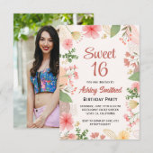 Zacht pastelgoud florale waterverf foto Sweet 16 Kaart (Voorkant / Achterkant)