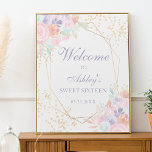 Zacht pastelgoud florale waterverf foto Sweet 16 Perfect Poster<br><div class="desc">Soft pastel Gold waterverf foto welkom Sweet 16 met  roze,  lavender,  terracotta en groene florale waterverf,  goudglitter confetti,  geometrische terrariumgouden folie lijst grens,  een elegant script.</div>