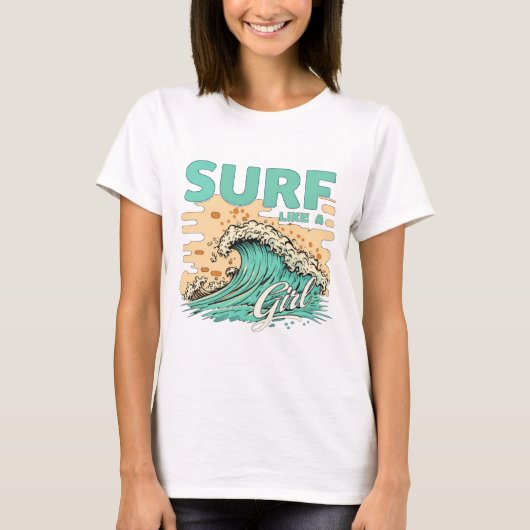 Zacht pastelkleurig "Surf als een meisje" T-shirt (Voorkant)