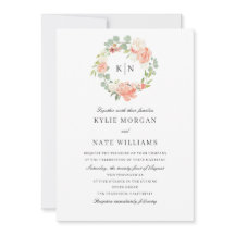 Zacht peach Floral Waterverf Monogram bruiloft