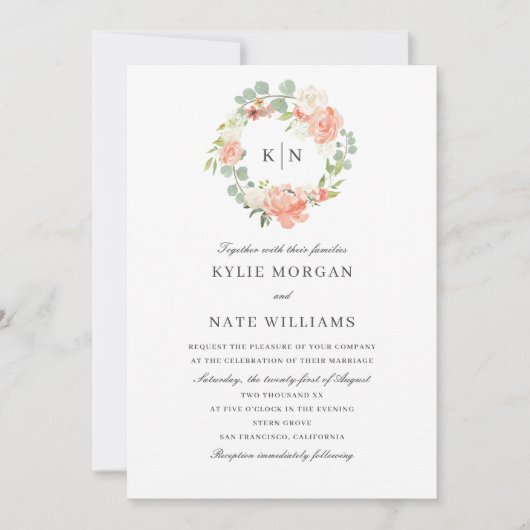 Zacht peach Floral Waterverf Monogram bruiloft Kaart (Voorkant)