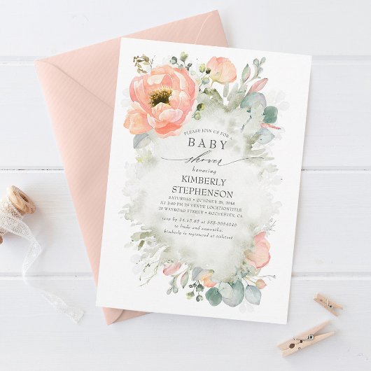 Zacht peach Flowers Elegant Spring Baby shower Kaart
