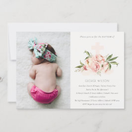 Zacht peach Roos Floral Cross Foto Baptisme Invite Bedankkaart