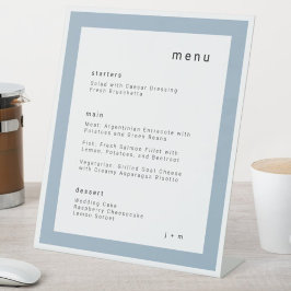 zacht poederblauw trouwmenu voetstuk bord reclamebord met voetstuk