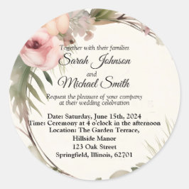 Zacht, romantisch, bloemenbruiloft uitnodiging ont ronde sticker