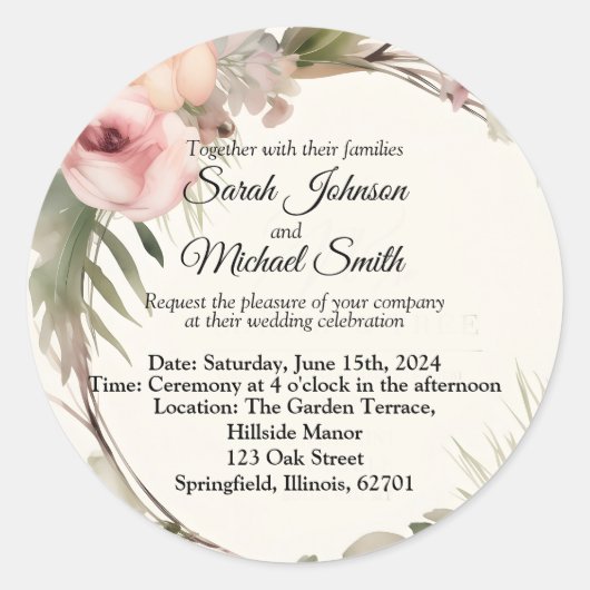 Zacht, romantisch, bloemenbruiloft uitnodiging ont ronde sticker (Voorkant)
