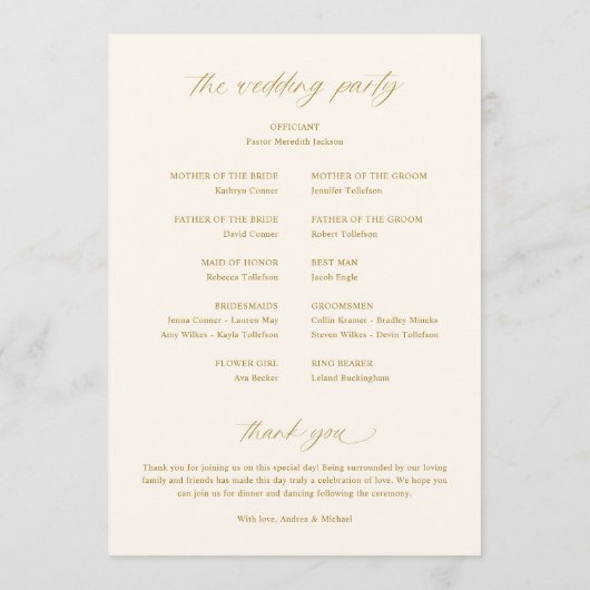 Zacht romantisch goud en licht ivoor bruiloft programmakaart (Achterkant)