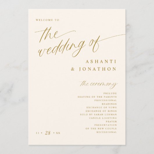Zacht romantisch goud en licht ivoor bruiloft programmakaart (Voorkant)