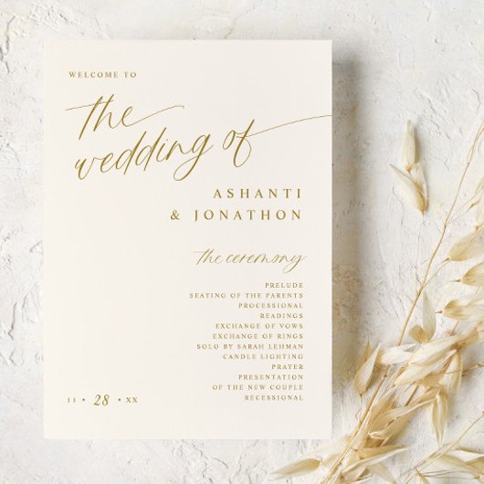Zacht romantisch goud en licht ivoor bruiloft programmakaart