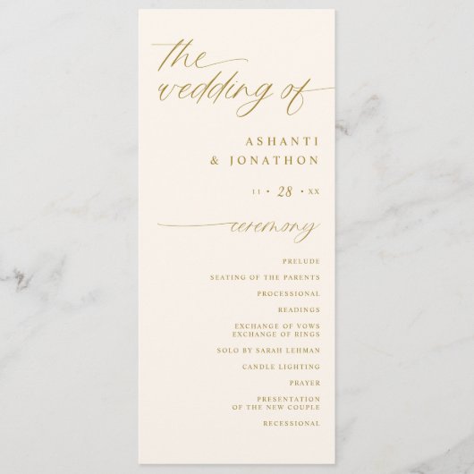 Zacht romantisch script ivoor en gouden bruiloft programmakaart (Voorkant)