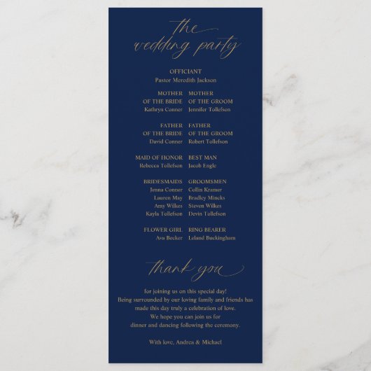 Zacht romantisch script marine blauw en gouden bru programmakaart (Achterkant)