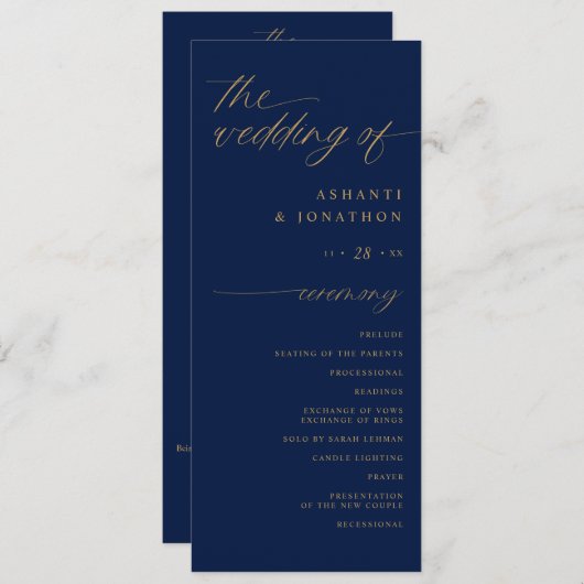 Zacht romantisch script marine blauw en gouden bru programmakaart (Voorkant / Achterkant)