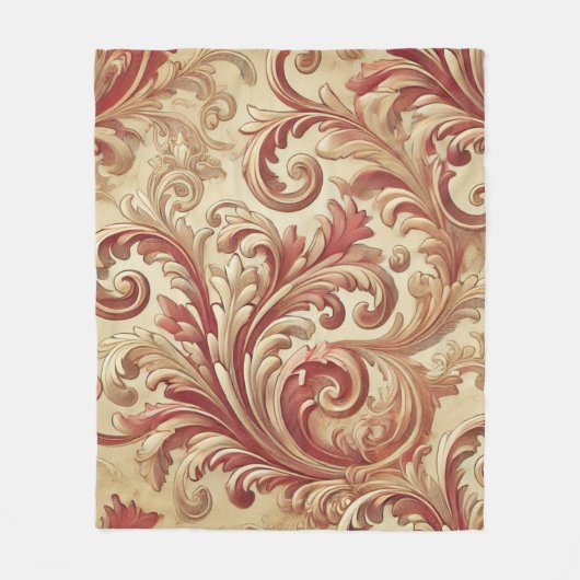 Zacht Rood en Goud Damaskpatroon Fleece Deken (Voorkant)