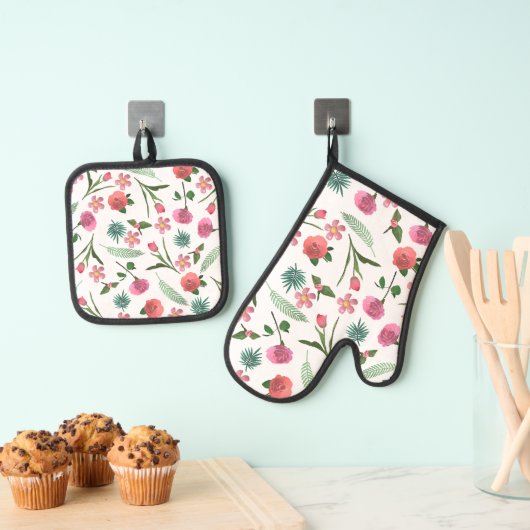 zacht Roos 3D Bloemen Accent Keuken Ovenwant & Pannenlap Set (Insitu(Ophanging))