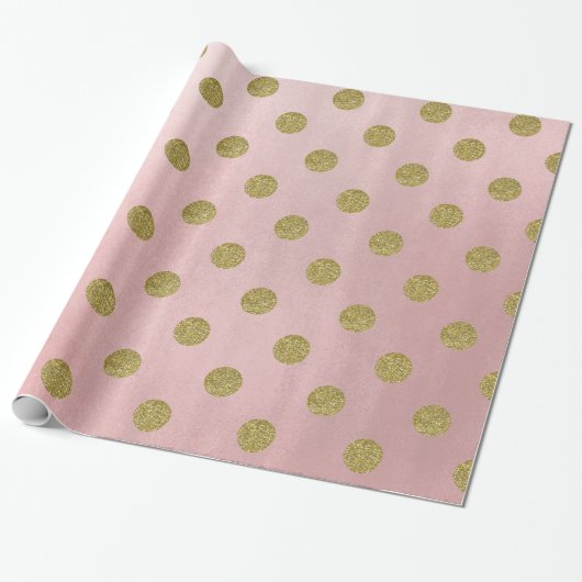 Zacht Roos Roze Gouden Glitter Glam Polka Dots Par Cadeaupapier (Uitgerold)