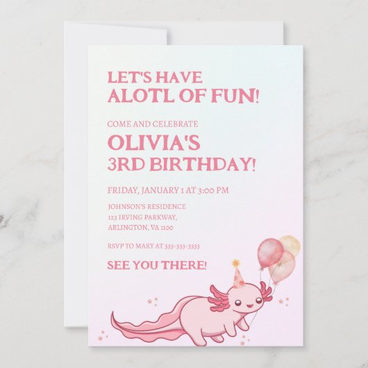 Zacht Roze Axolotl Thema Fun Kids Verjaardag Kaart (Voorkant)