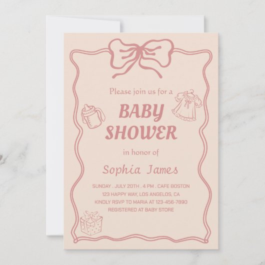 Zacht Roze Baby shower met Baby Iconen & Bow Lijst Kaart (Voorkant)