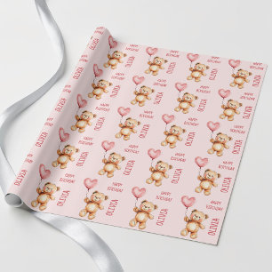 Zacht Roze Ballon Kinderen Teddybeer Gelukkige Ver Cadeaupapier