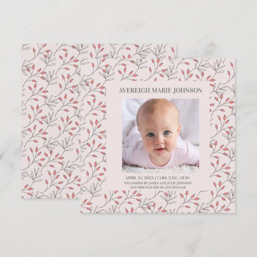 Zacht roze bessen babymeisje - Aankondiging van ge (Voorkant / Achterkant)