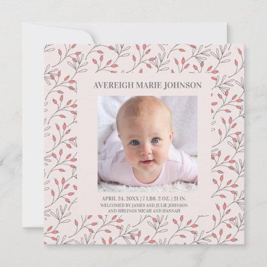 Zacht roze bessen babymeisje - Aankondiging van ge (Voorkant)