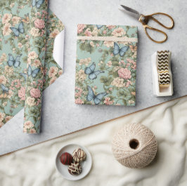 Zacht Roze Blauwe Bloemen & Vlinder Cadeaupapier