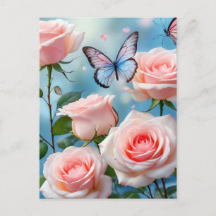 Zacht Roze Bloem Blauwe Vlinder Briefkaart
