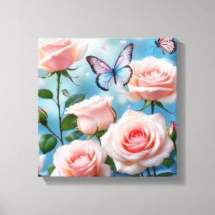 Zacht Roze Bloem Blauwe Vlinder Canvas Afdruk