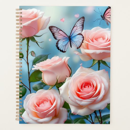 Zacht Roze Bloem Blauwe Vlinder Planner (Voorkant)