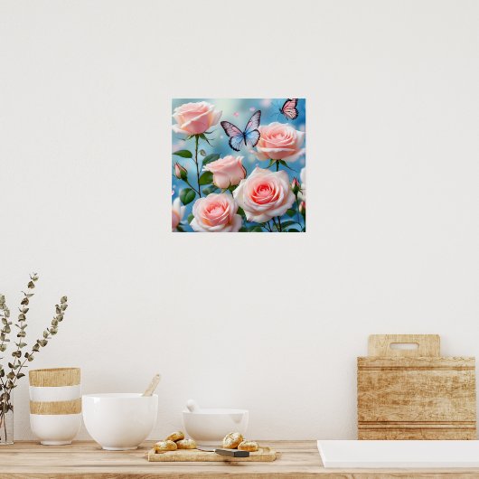 Zacht Roze Bloem Blauwe Vlinder Poster (Keuken)