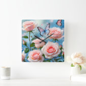 Zacht Roze Bloem Blauwe Vlinder Vierkante Klok (Huis)